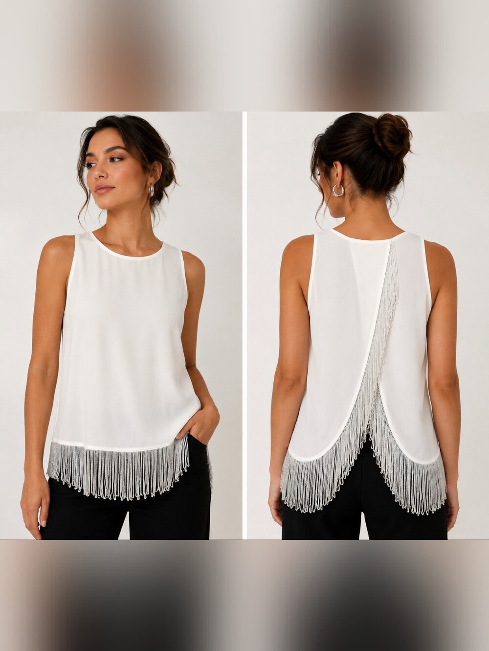 Rory Beca Silk Fringe Tank Open Back White Party Festival Boho Top Concert Chic